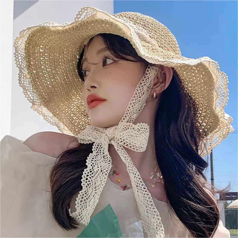 Women Crochet Straw Bucket Hat-Colorful Beaded Sun Hat