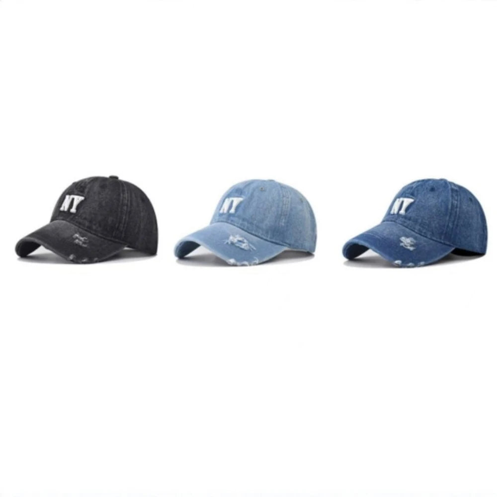 Street Retro-Style Embroidered Three-Dimensional NY Lettered Distressed Denim Baseball Cap