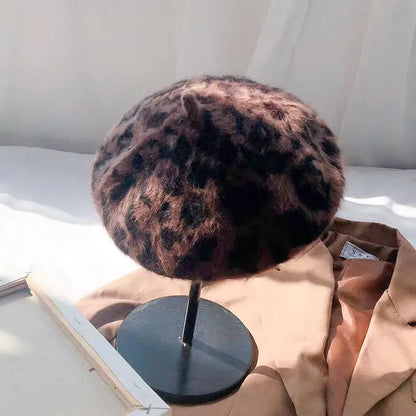 Beret Women Rabbit Fur Spotted Leopard Beret Sherlock Hat