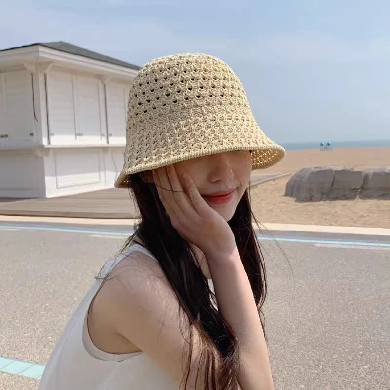 Straw Dome Weave Bucket Hat Hollow Out Breathable Sun Hats