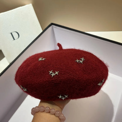 Luxury Rhinestone Stars Women's Wool Beret Winter Warm Beanie Hat