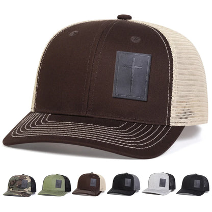 Unisex Cross Black Leather Label Baseball Net Caps Spring Summer