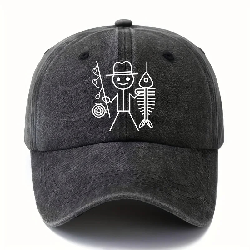 Printed Cartoon Man Fishing Baseball Cap, Outdoor Curved Brim Cap