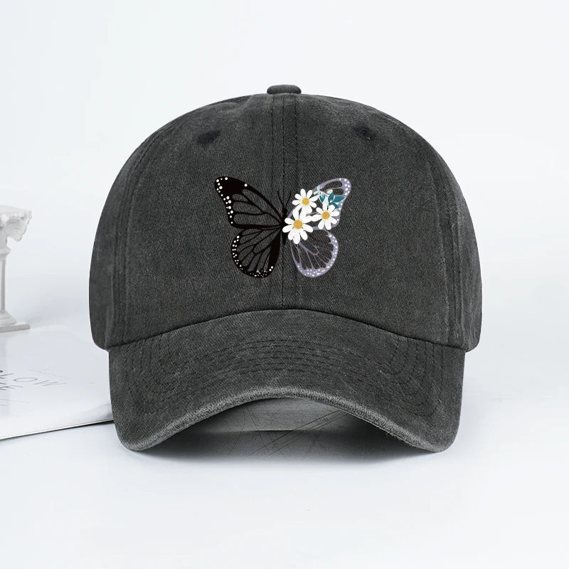 Butterfly and Daisy Print Washed Baseball Cap