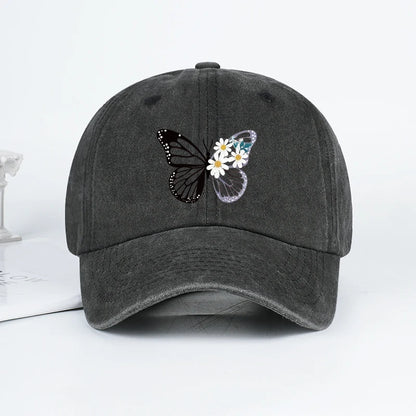 Butterfly and Daisy Print Washed Baseball Cap