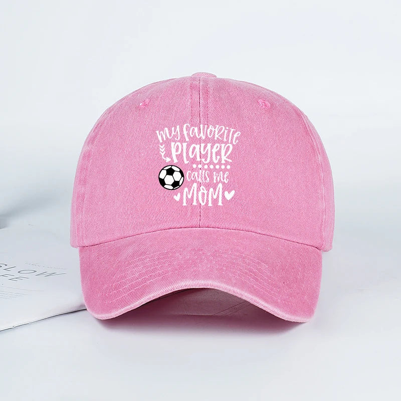 "My Favorite Player Calls Me Mom" Soccer Print Washed Baseball Cap