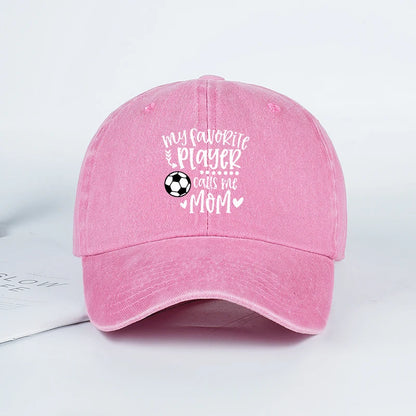 "My Favorite Player Calls Me Mom" Soccer Print Washed Baseball Cap
