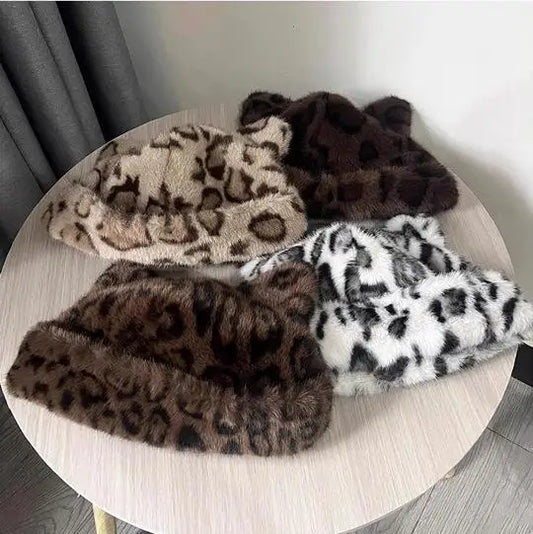 Winter Plush Teddy Bear Hat For Women Leopard Print Ear Protection Cap
