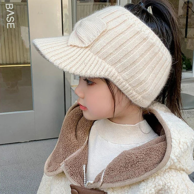 Empty Top Ear Protection Woolen Hat Baby Girl Bow Knitted Duckbill Hats