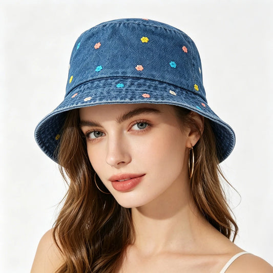 Embroidery Little Flower Washed Denim Summer Bucket Hat