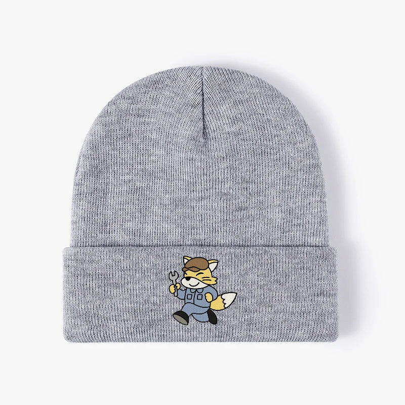 Cute Mechanic Fox Knit Beanie Hat Warm Cuffed Winter Skull Cap