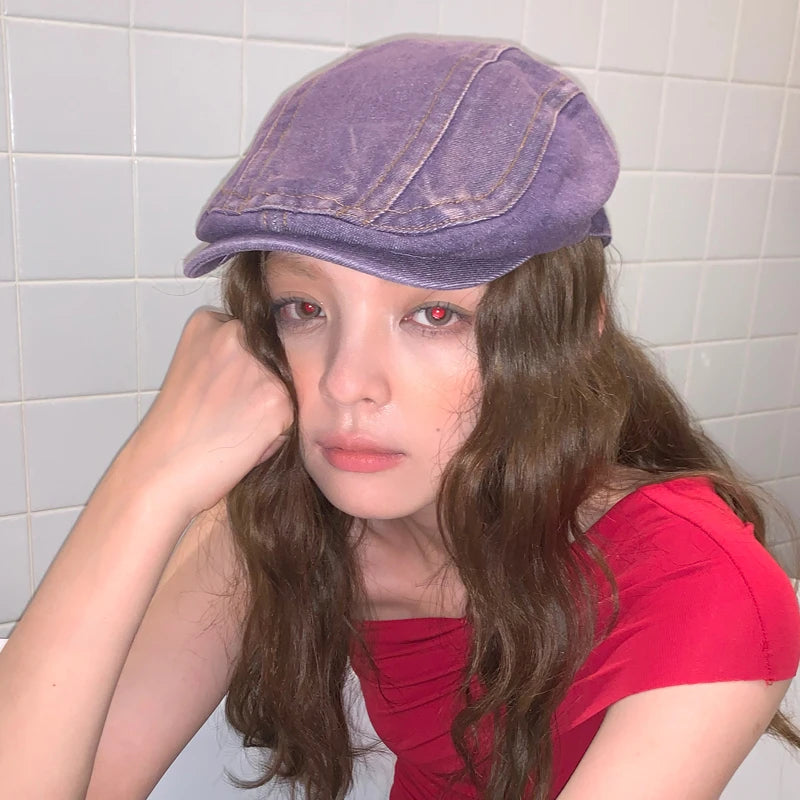 High-Quality Dream Purple Washed Denim Berets