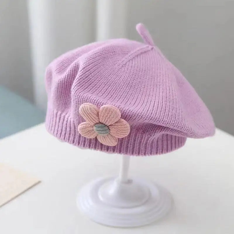 Flower Baby Beret Hat Winter Warm Knitted Beanie Cap