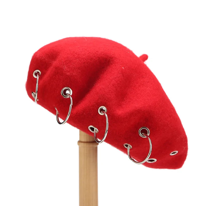 Personality Punk Style Beret Hat With Circular Hollow Rivet, Y2k Newsboy Caps