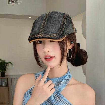 Vintage Washed Denim Gatsby Cap Ivy Flat Forwards Hat