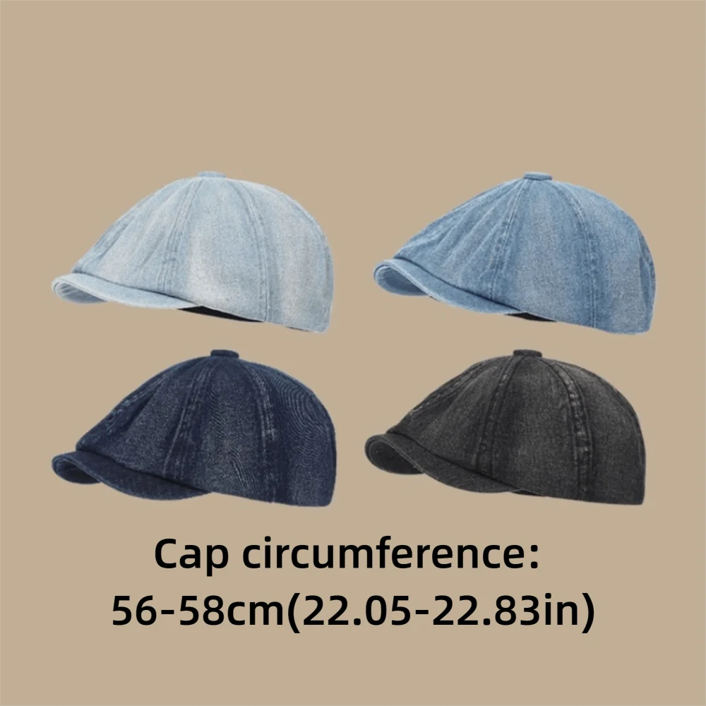 Vintage Washed Denim Newsboy Cap Versatile Short Brim Flat Peaked Hat