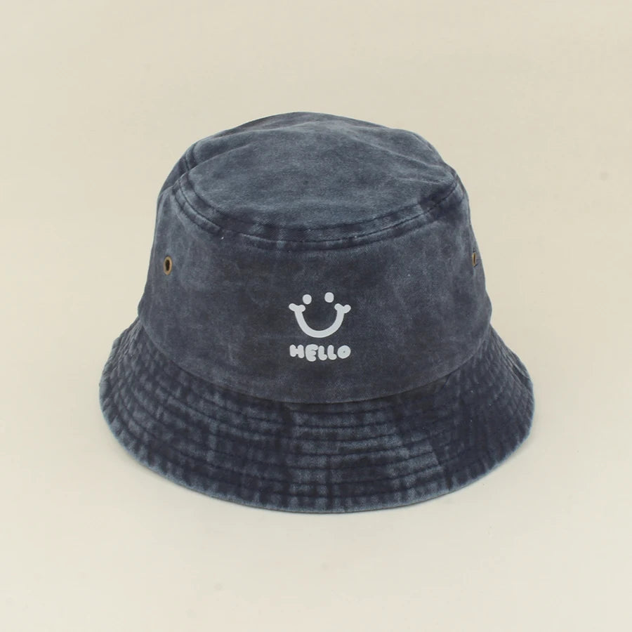 Baby Summer Sun Hat Kids Cartoon Smiling Face Hello Letter Bucket Hat