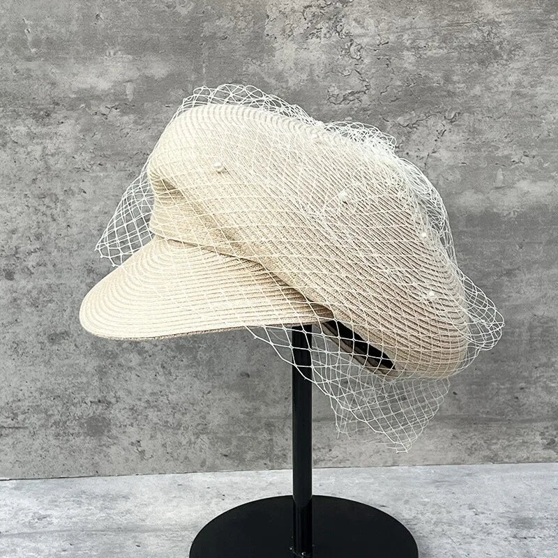 Elegant Mesh Pearl Beret Newsboy Hat Japanese Pleated Cap