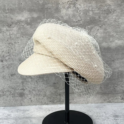 Elegant Mesh Pearl Beret Newsboy Hat Japanese Pleated Cap