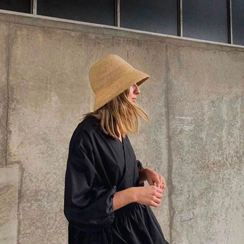 Designer Raffia Straw Hat Women Summer Beach Bucket Sun Hats