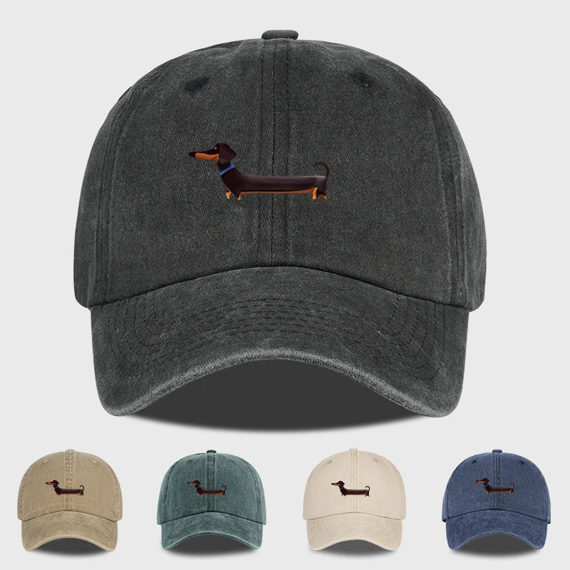 Dachshund Print Washed Baseball Cap Adorable Retro Dog Themed Style Perfect For Outdoor Walks