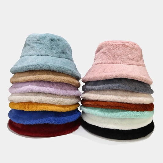 Faux Rabbit Fur Bucket Hat Lady Winter Warm Soft Panama Hat