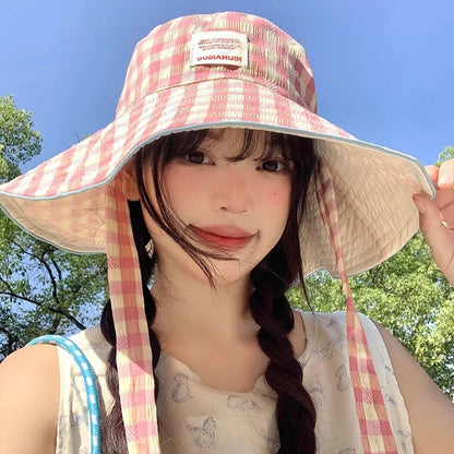 Double-Sided Plaid Wide Edged Lace-Up Bucket Hat