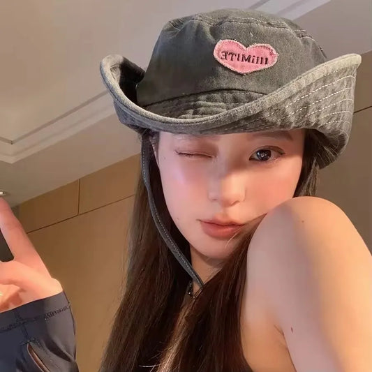 Japanese Retro Washed Cowboy Hats for Women Spring and Summer Bucket Caps