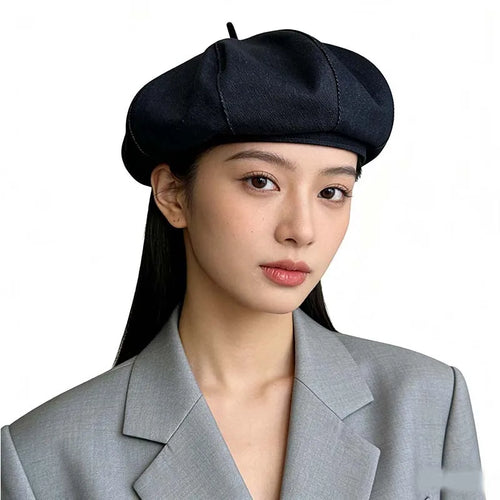 Classic Denim Fabric Beret Hat For Women Spring Summer