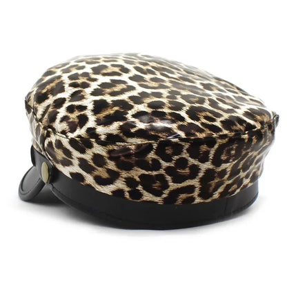 Four Seasons Pu Leopard Print Beret Octagonal Cap