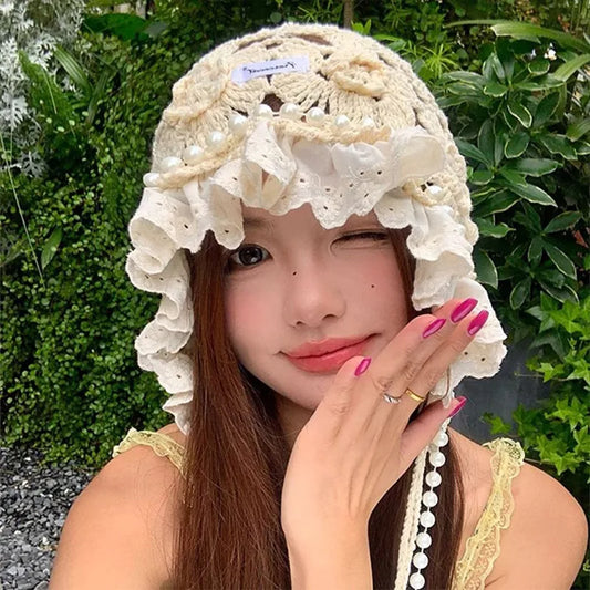 Casual Pearl Tassels Crochet Flower Knitted Hat Hollow Out Thin Lace Beanie