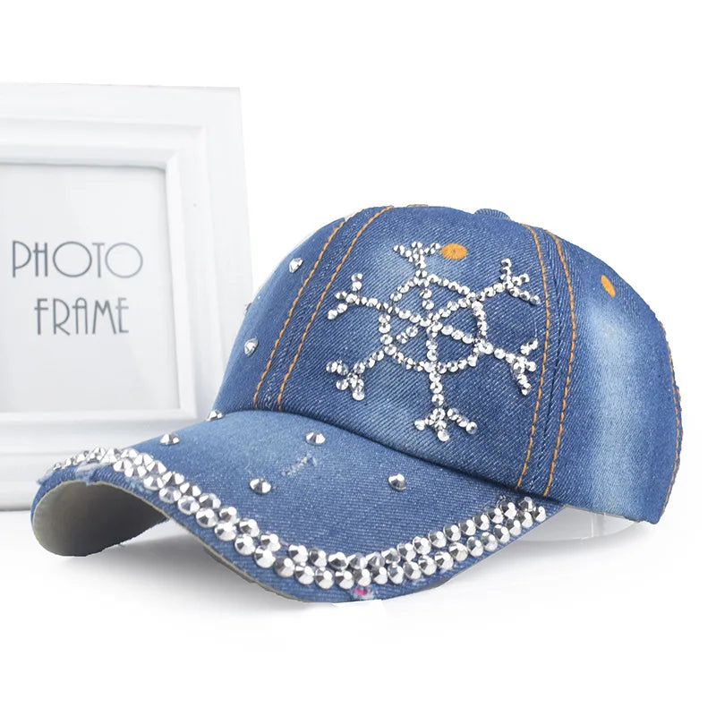 New Women Washed Denim Rhinestone Crown Baseball Cap