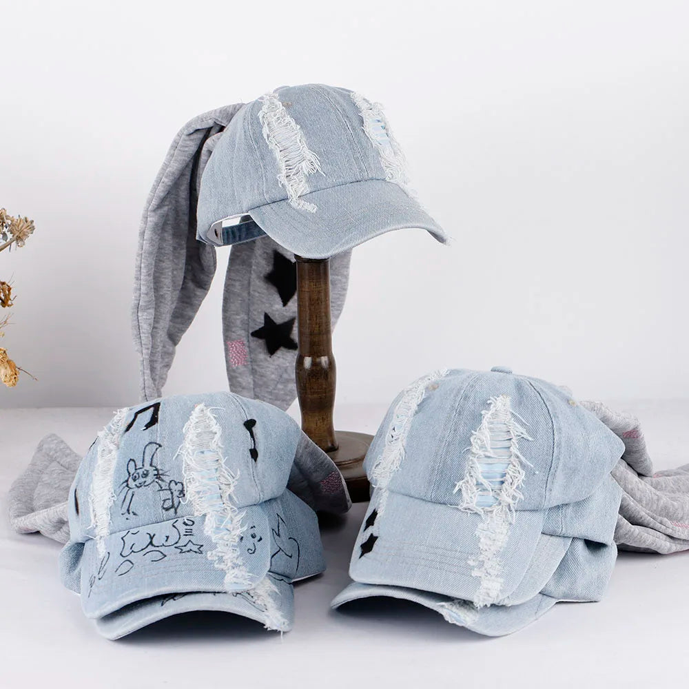 New MinJi Haerin Omg Stage Long Rabbit Ear Hat Y2k Style Denim Blue Baseball Cap