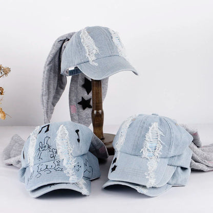 New MinJi Haerin Omg Stage Long Rabbit Ear Hat Y2k Style Denim Blue Baseball Cap