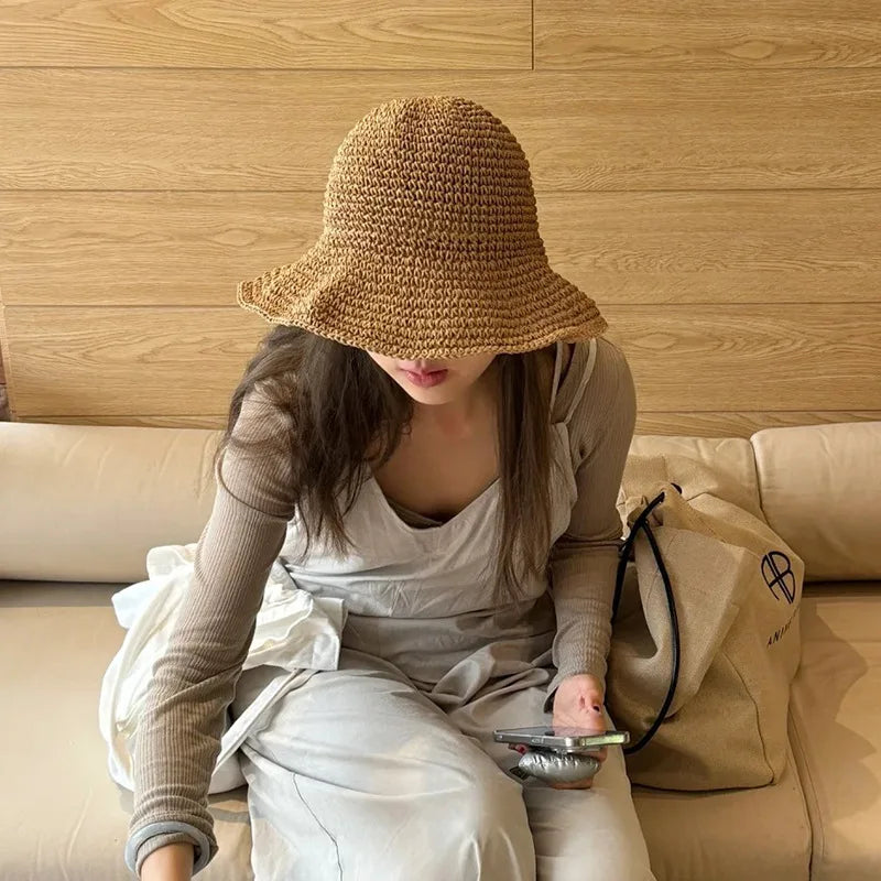 Handmade Straw Woven Retro Fisherman Hat Big Edge Foldable Sun Hat