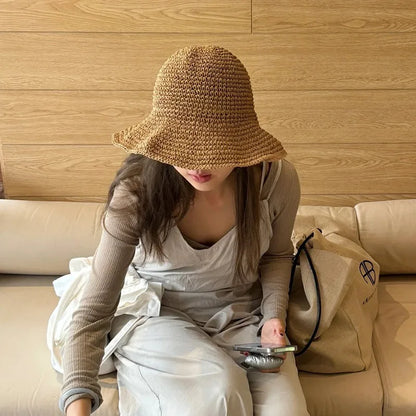 Handmade Straw Woven Retro Fisherman Hat Big Edge Foldable Sun Hat