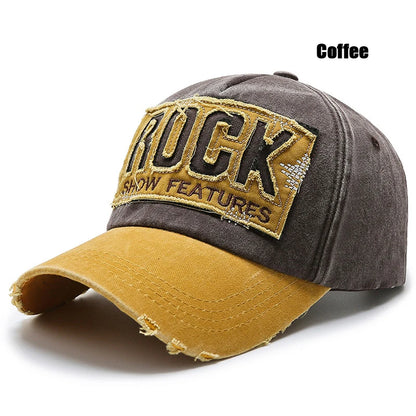 Rock Letters Embroidered Patch Ripped Brushed Washed Distressed Design Style Baseball Cap