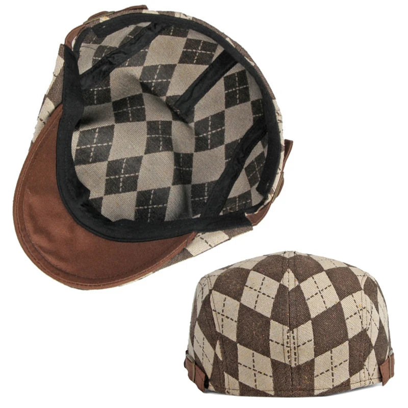 Spring Fall Men's Beret Hat Retro Plaid Herringbone Cap Forward Flat Peaked Cap