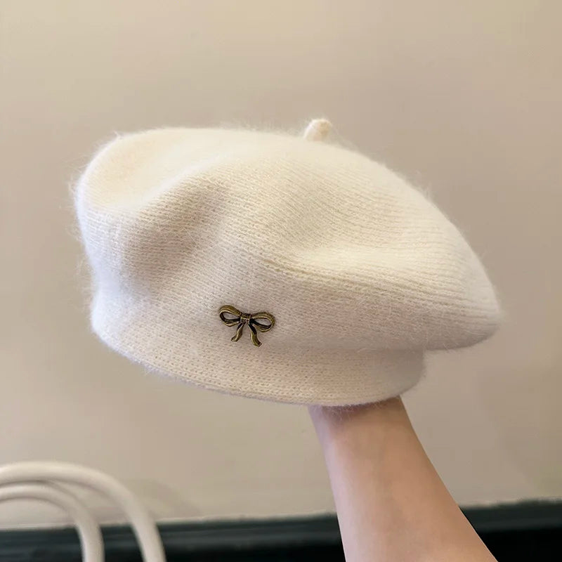 ‌Korean-Style Metal Bow Knitted Beret Women's Autumn/Winter