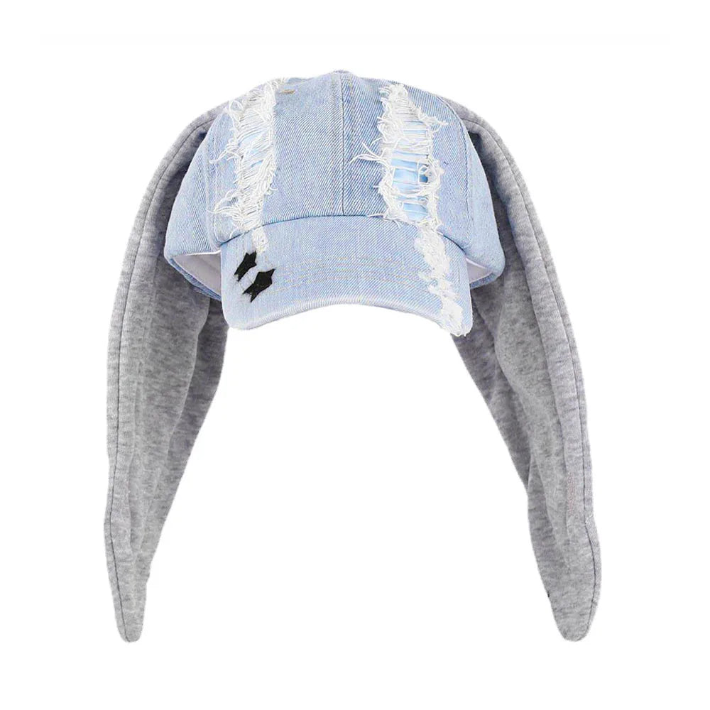 New MinJi Haerin Omg Stage Long Rabbit Ear Hat Y2k Style Denim Blue Baseball Cap
