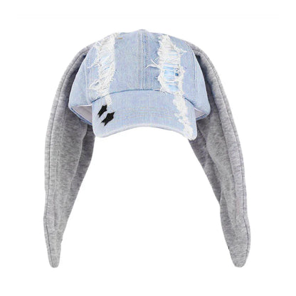 New MinJi Haerin Omg Stage Long Rabbit Ear Hat Y2k Style Denim Blue Baseball Cap