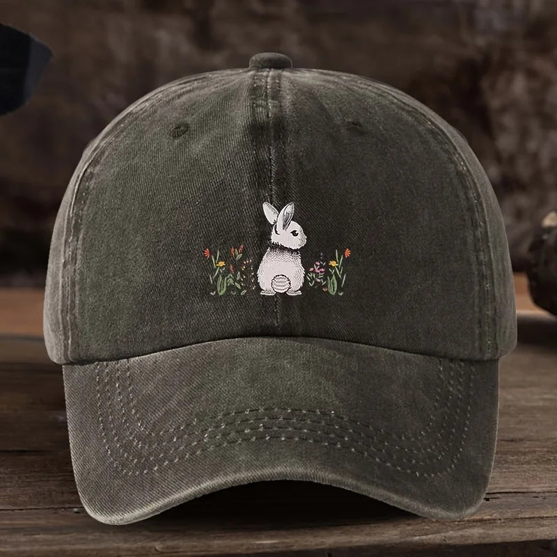 Baseball Cap Cute Rabbit Floral Print Lightweight Textile Fabric
