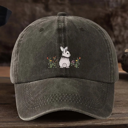Baseball Cap Cute Rabbit Floral Print Lightweight Textile Fabric