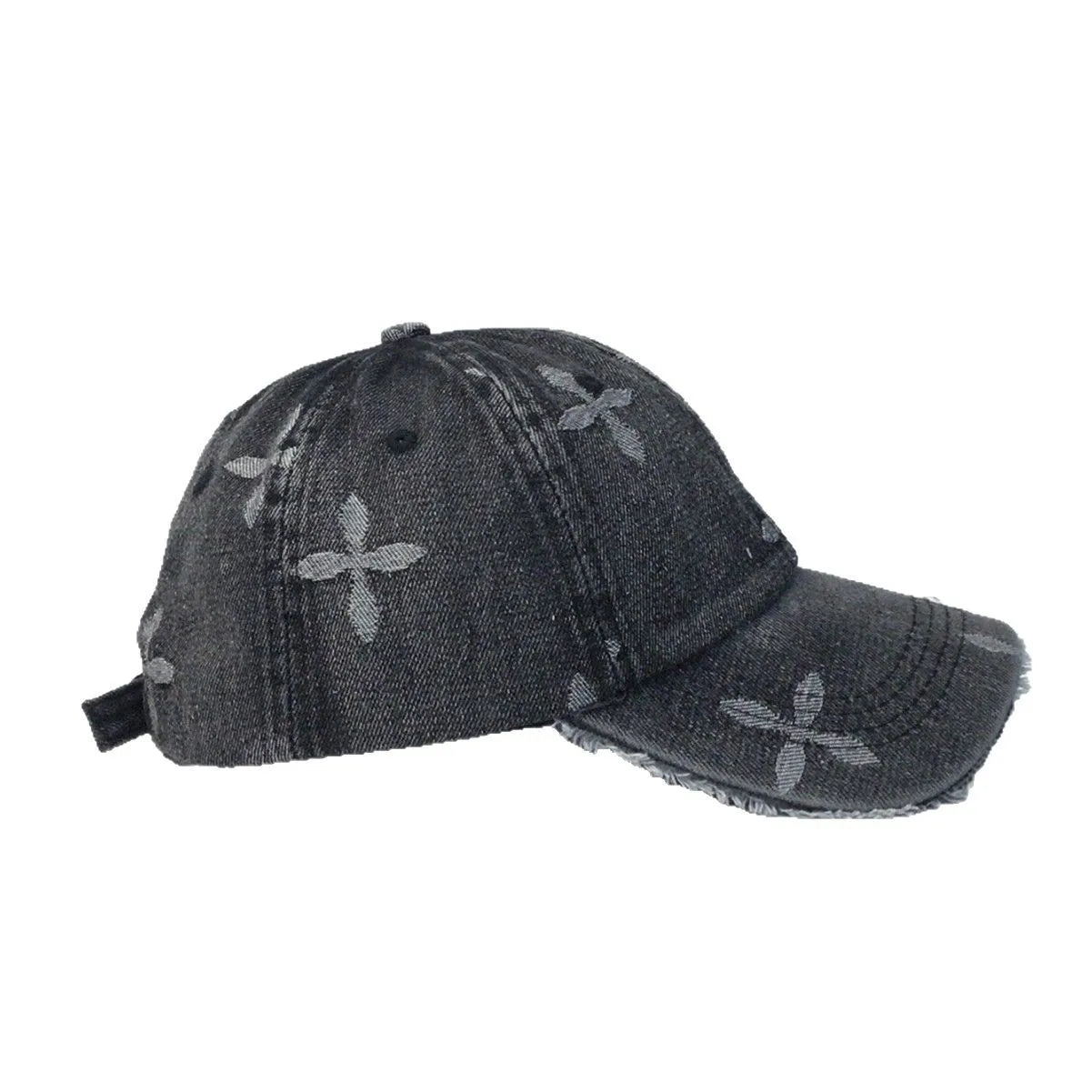 Cross Denim Baseball Cap With Jacquard Fringe, Vintage Distressed, Cropped Edge Cap