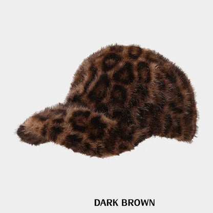 Leopard Print Baseball Cap Women Plush Faux Fur Keep Warm Winter