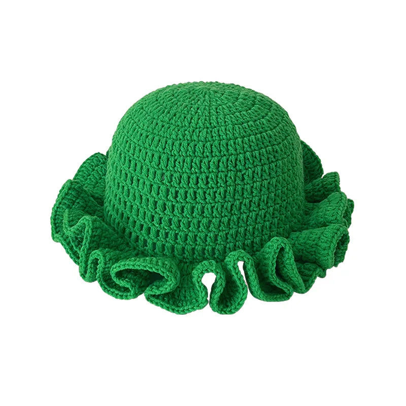 New Colorful Crochet Ruffle Brim Knit Bucket Hats