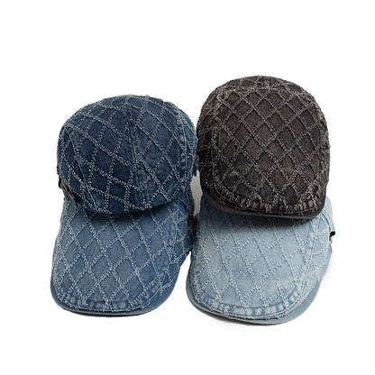 Denim Plaid Vintage Men Berets Washed Cotton Women's Beret Retro
