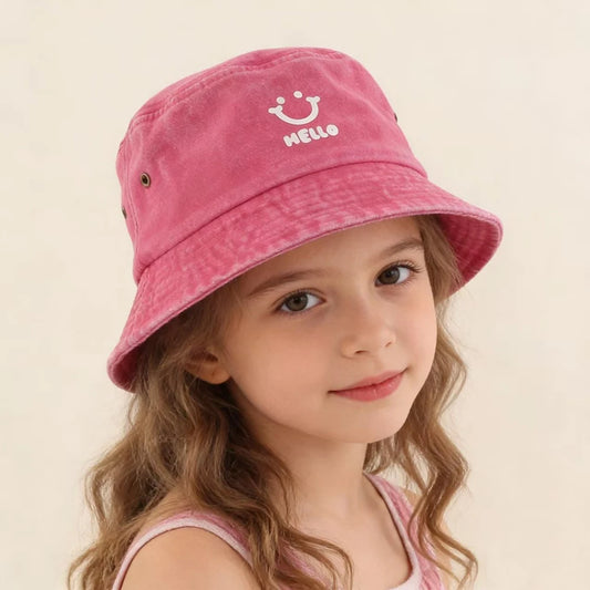 Summer Baby Hat Kids Cartoon Smile Face Hello Letter Bucket Hat