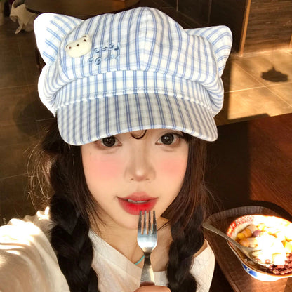 Cat Ear Plaid Newsboy Cap Y2k Aesthetic For Women Kawaii Octagonal Painter Hat Street Snap Sweet Girl Cap