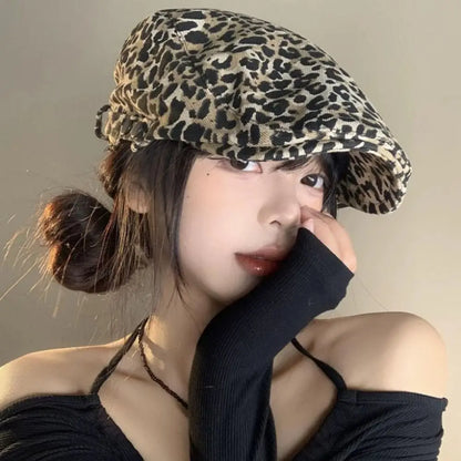 Fashion Retro Leopard Print Cap Baker Peaked Comfortable British Peaked Cap